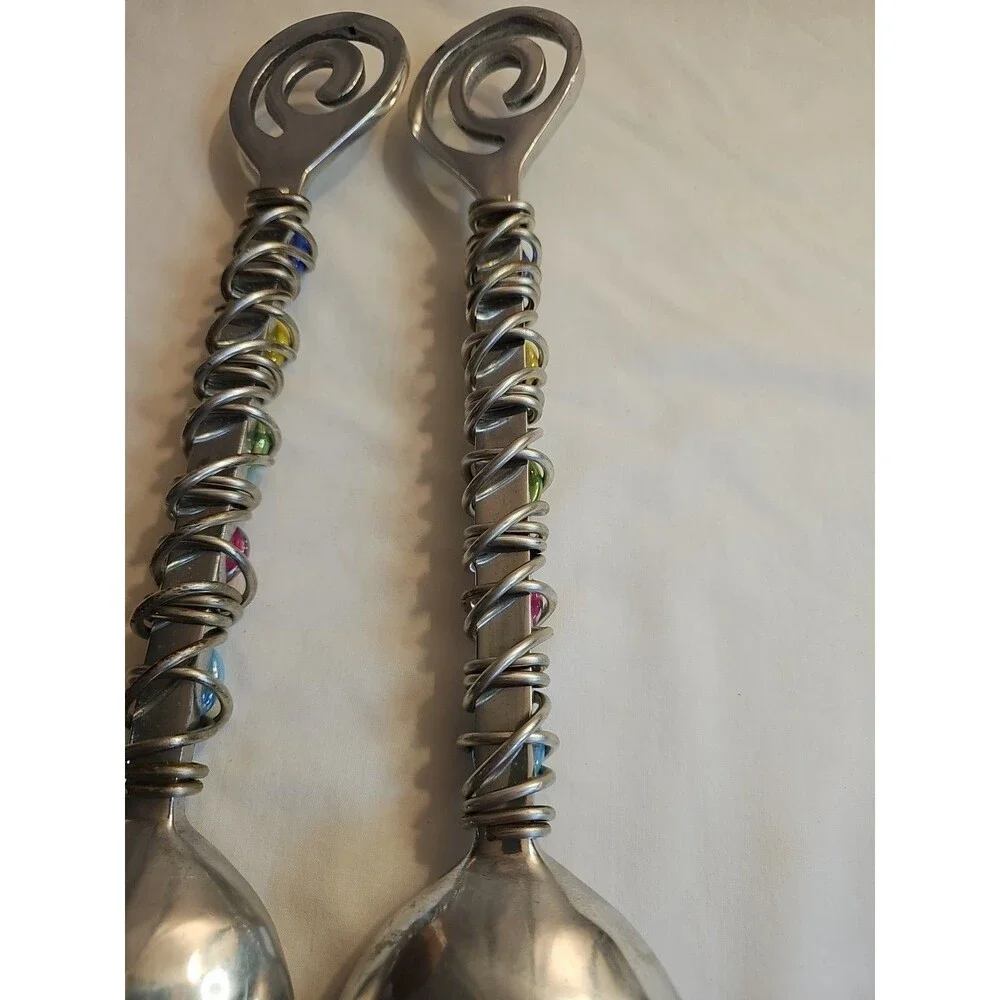 Dary Rees Salad Servers Vintage 1990s Pewter & Colorful Stones